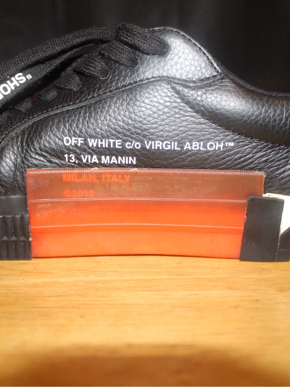 Off-White Black Leather Low-Top Sneakers with White Arrow & Striped Midsole - Picture 7 of 11